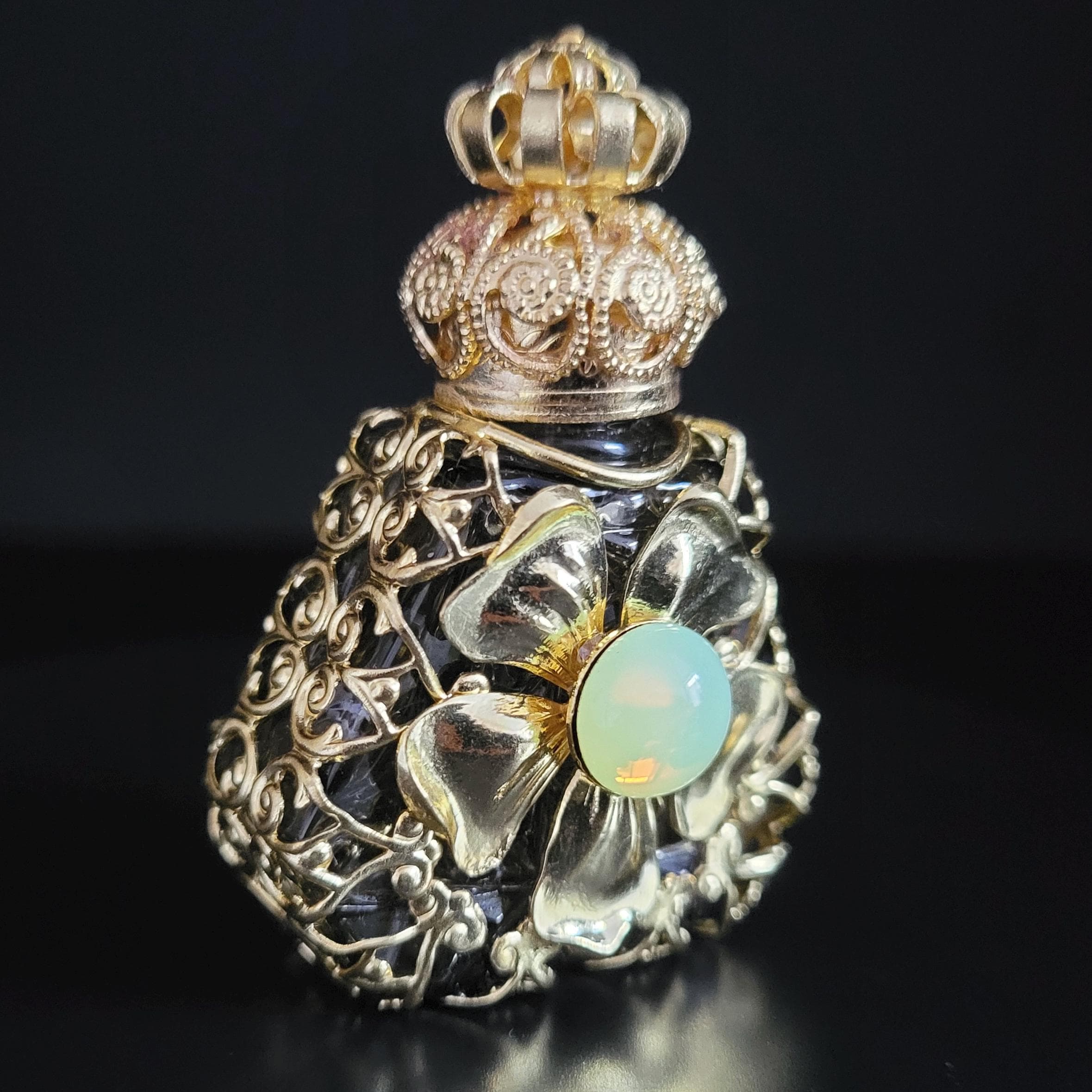 Perfume Bottle with Uranium Glass Cabachon Czech Glass Gold Tone Filigree