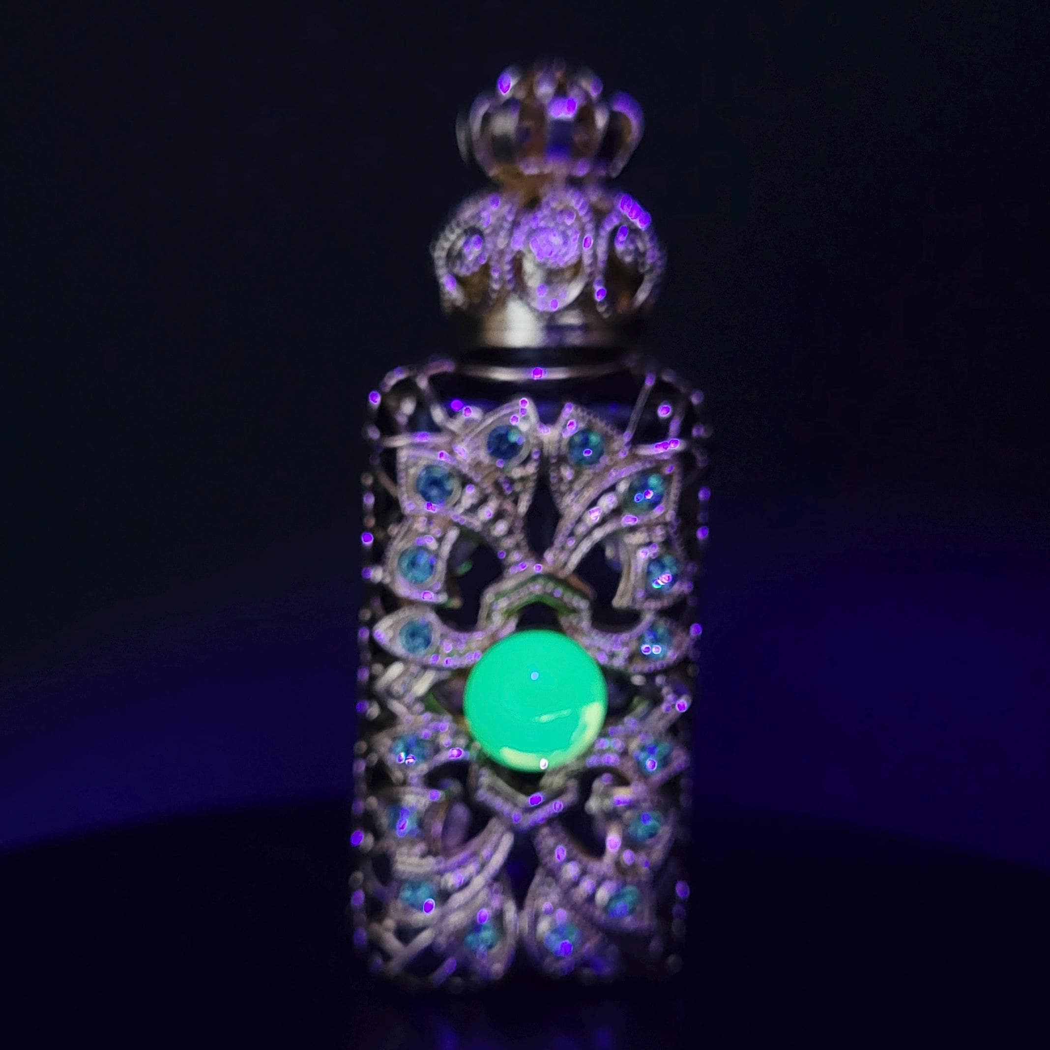 Perfume Bottle with Uranium Cabochon Gold Tone Filigree Art Deco