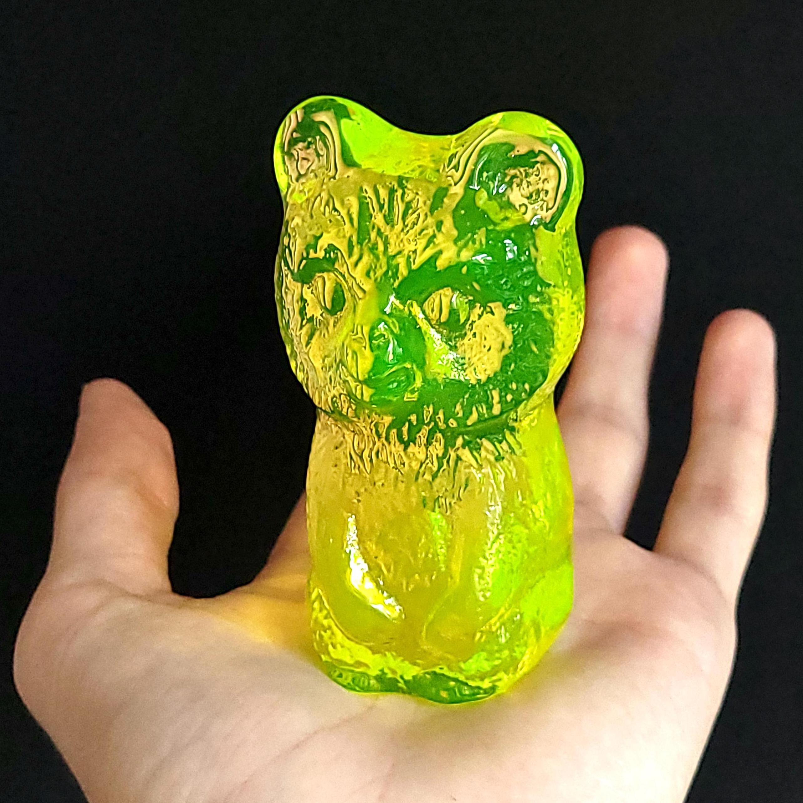 Uranium Glass Bear Statue Vaseline Yellow Clear Glass Collectible Figurine