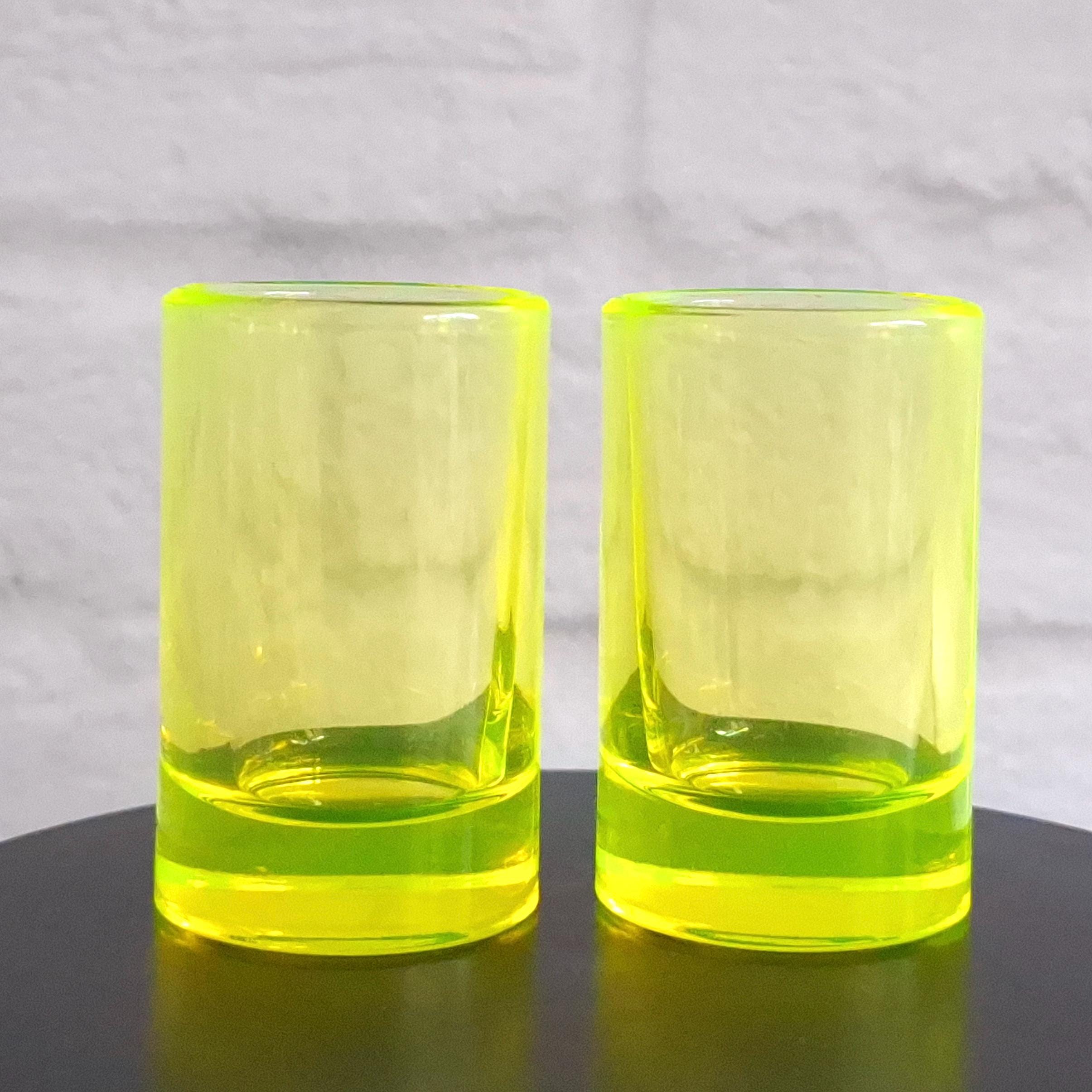 Vaseline Uranium Glass Shot Set 2pcs Depression Yellow Glass Cups Art Deco