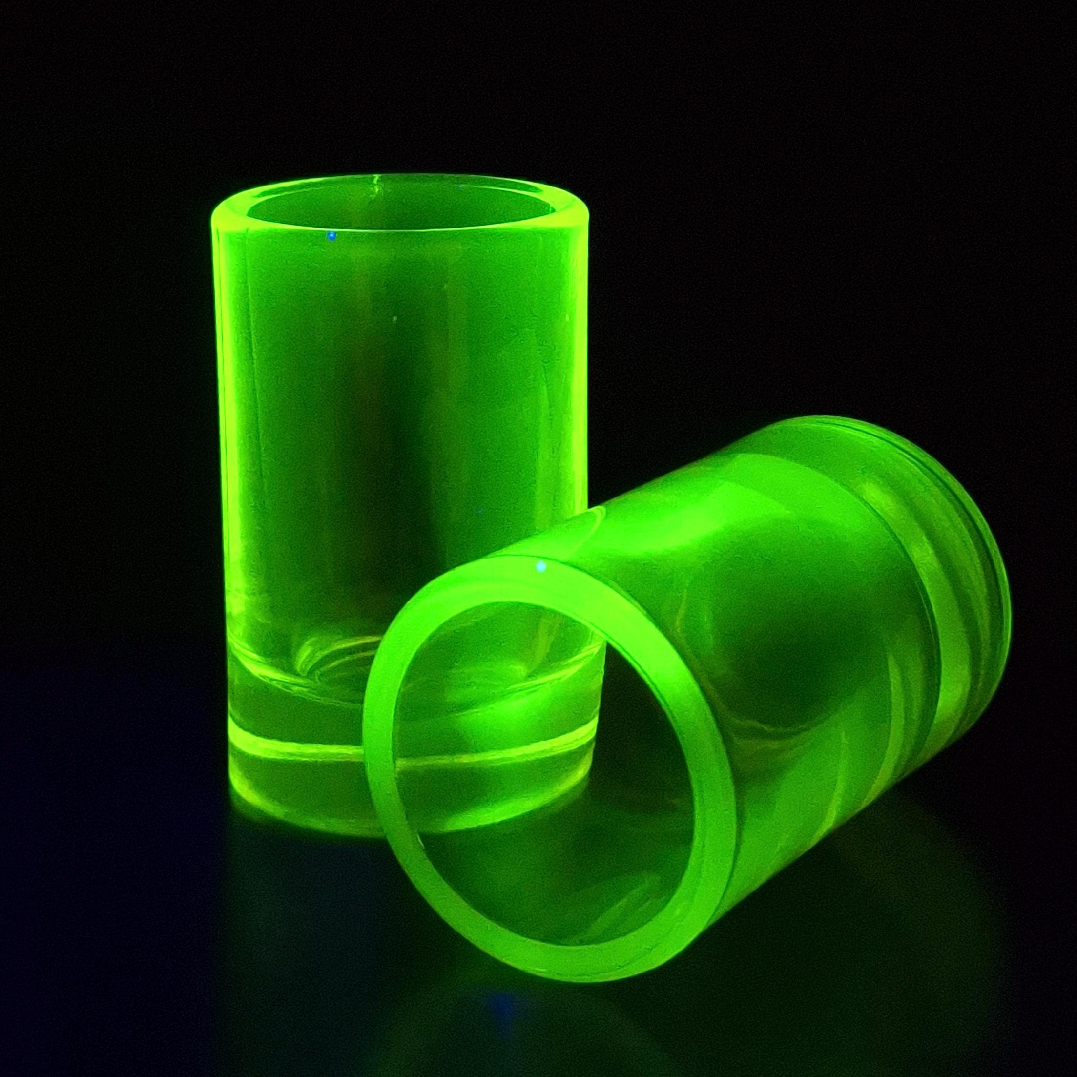Vaseline Uranium Glass Shot Set 2pcs Depression Yellow Glass Cups Art Deco