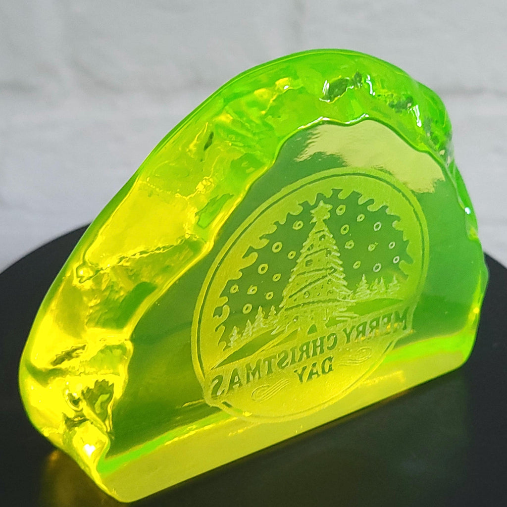 Uranium Glass Figurine Merry Christmas Design Vaseline Glass Statue
