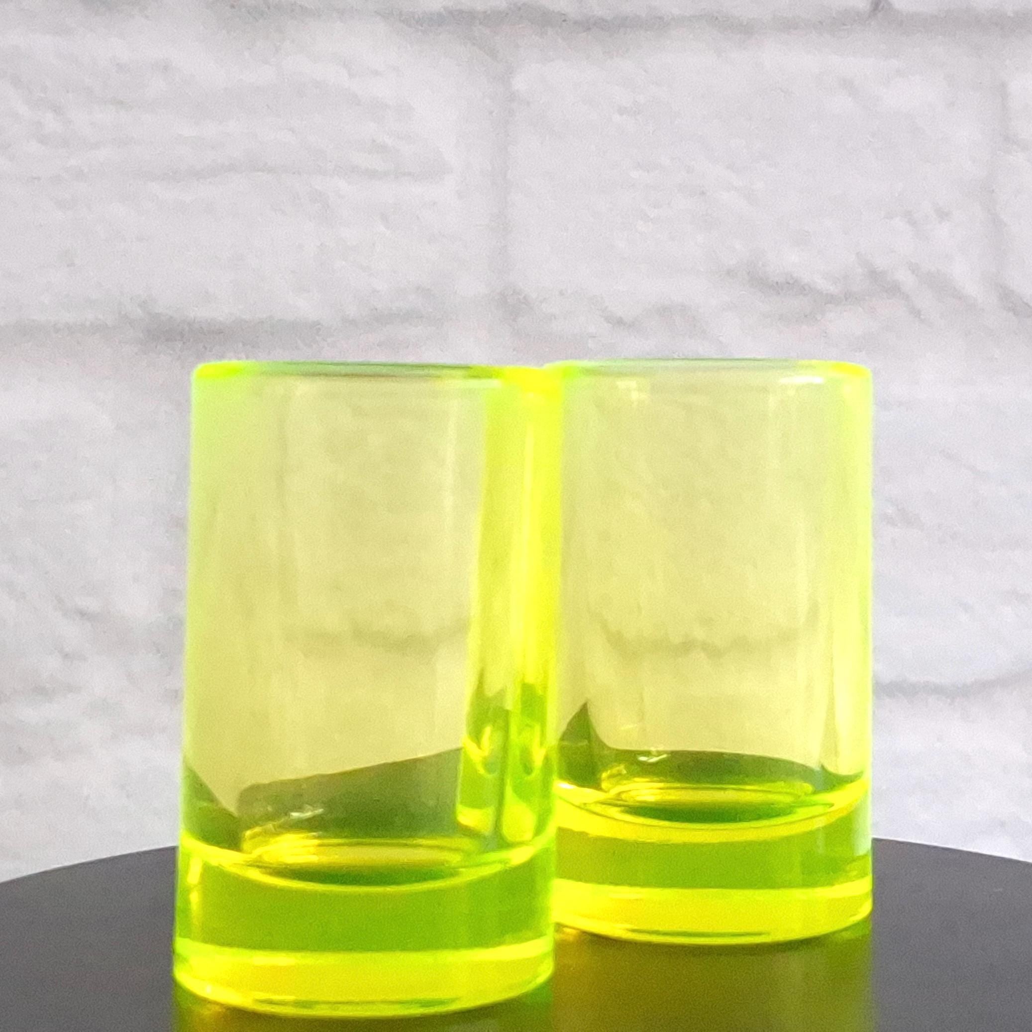 Vaseline Uranium Glass Shot Set 2pcs Depression Yellow Glass Cups Art Deco
