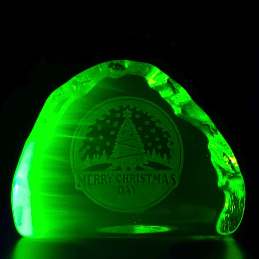 Uranium Glass Figurine Merry Christmas Design Vaseline Glass Statue