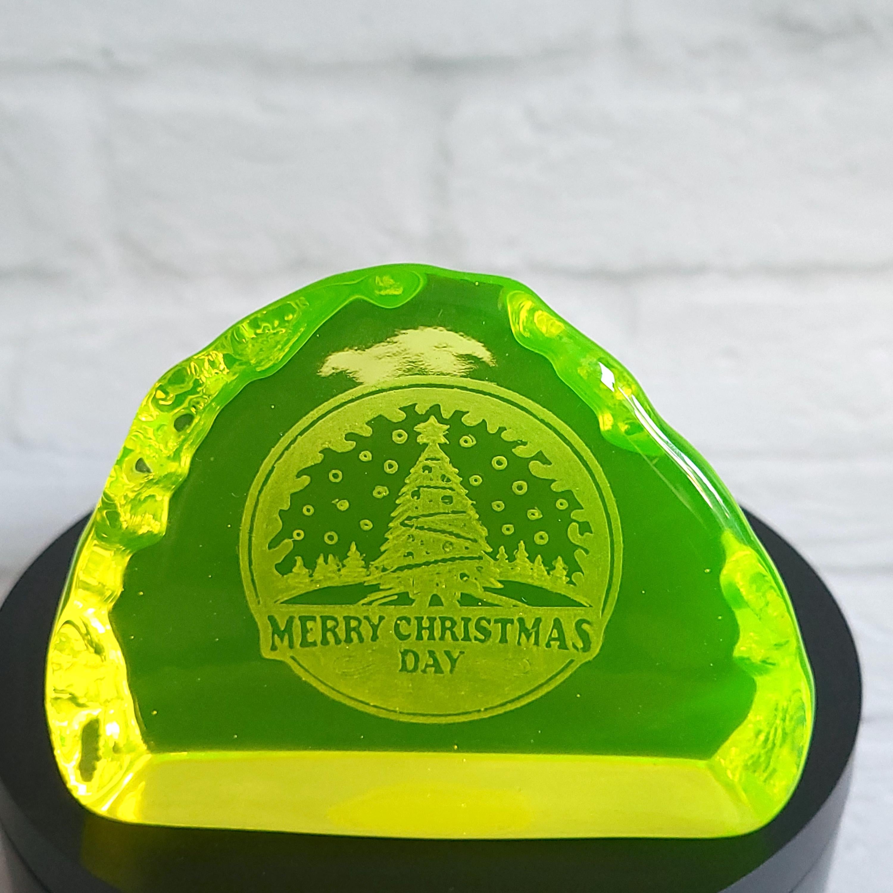 Uranium Glass Figurine Merry Christmas Design Vaseline Glass Statue