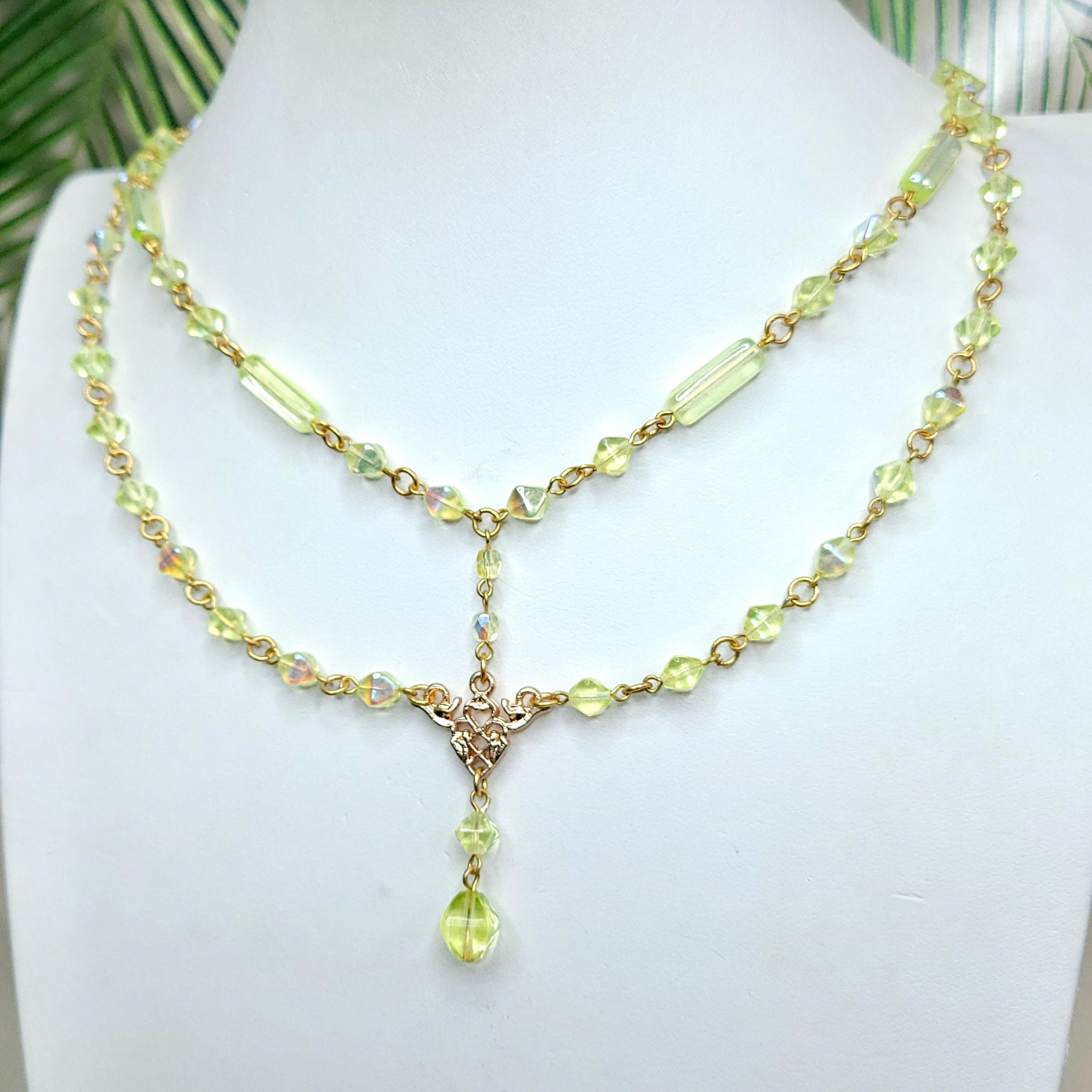 Uranium Glass Necklace 19'' Vaseline Glass Czech Beads Pendant