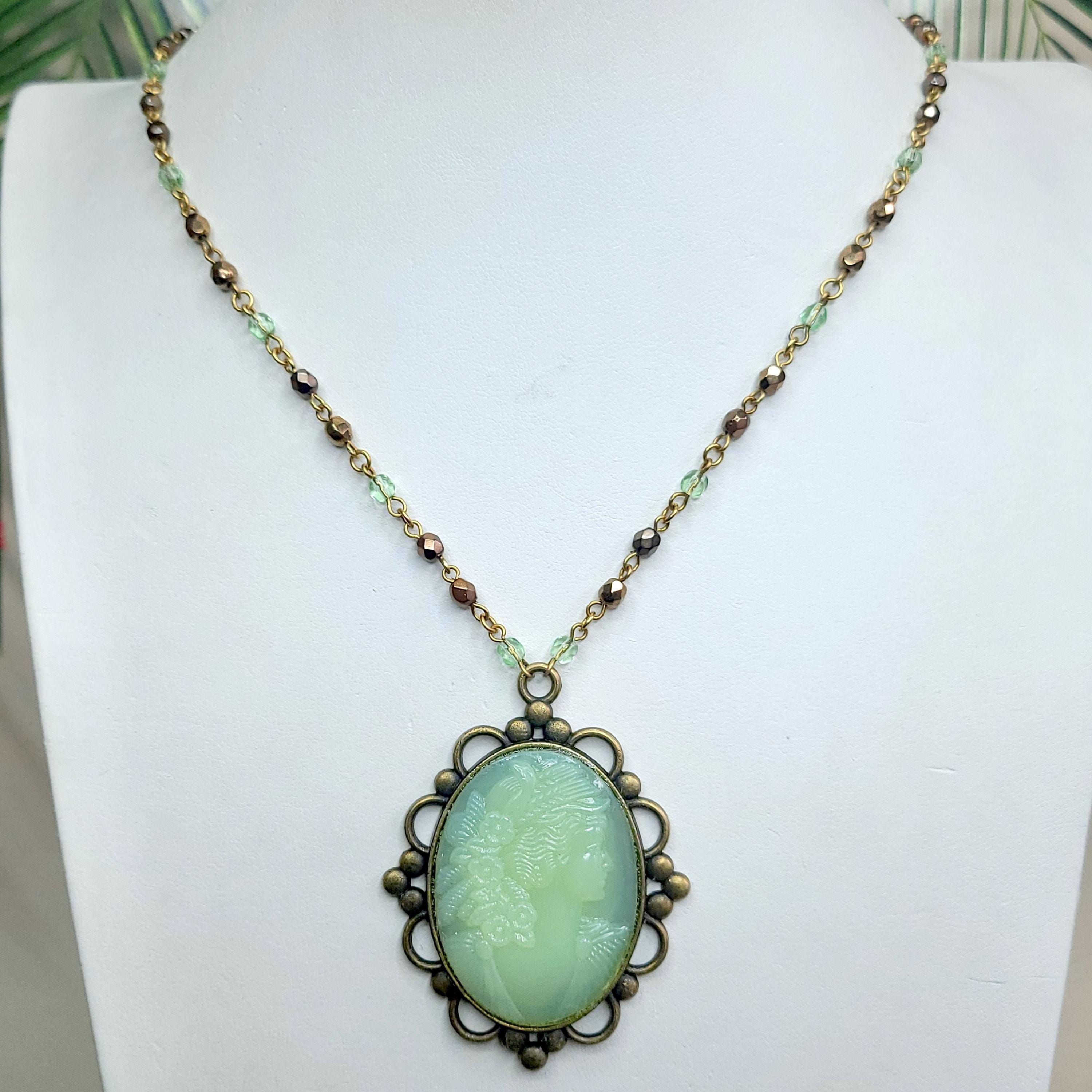 Uranium Glass Cameo Pendant 22” Vaseline Glass Czech Vintage Beads