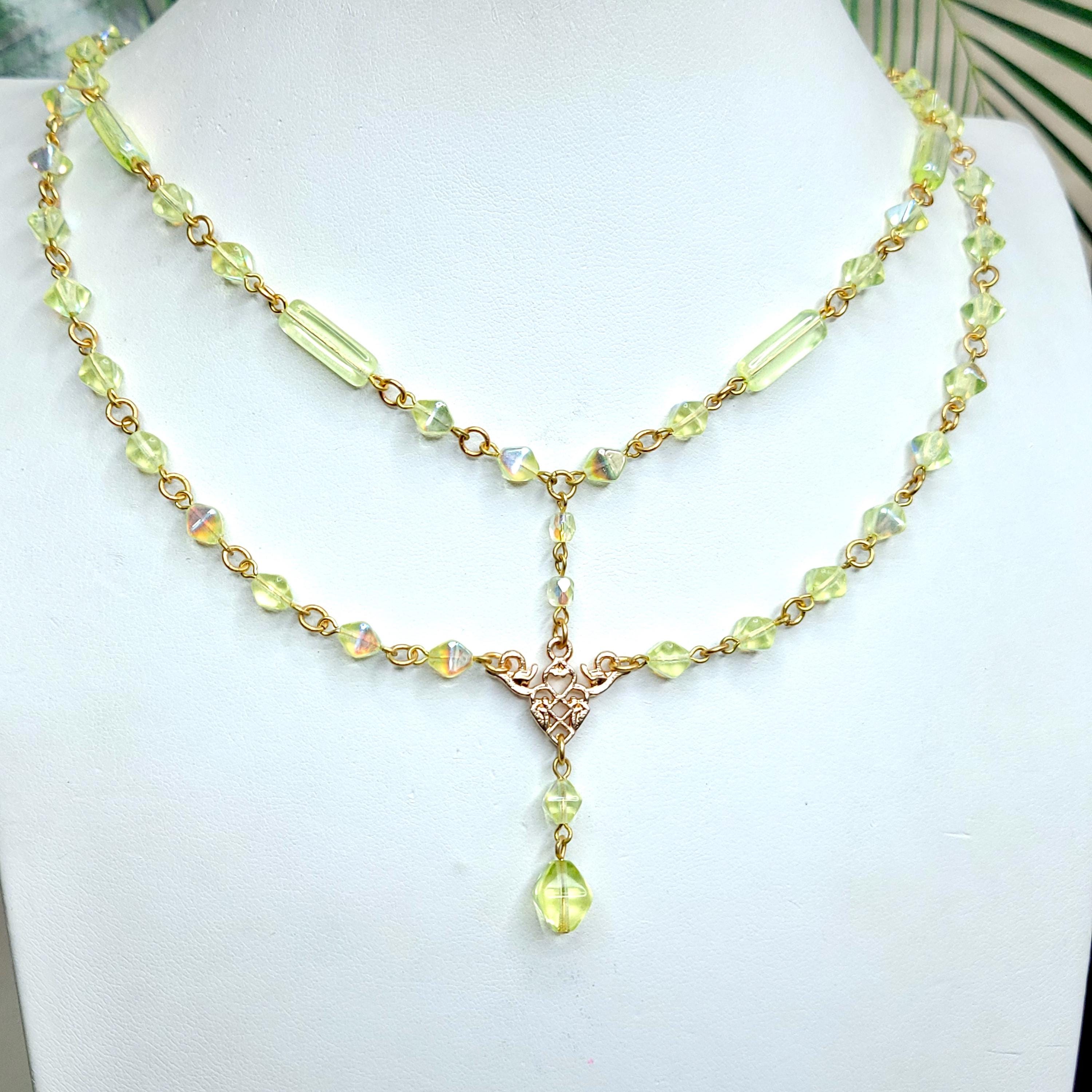 Uranium Glass Necklace 19'' Vaseline Glass Czech Beads Pendant