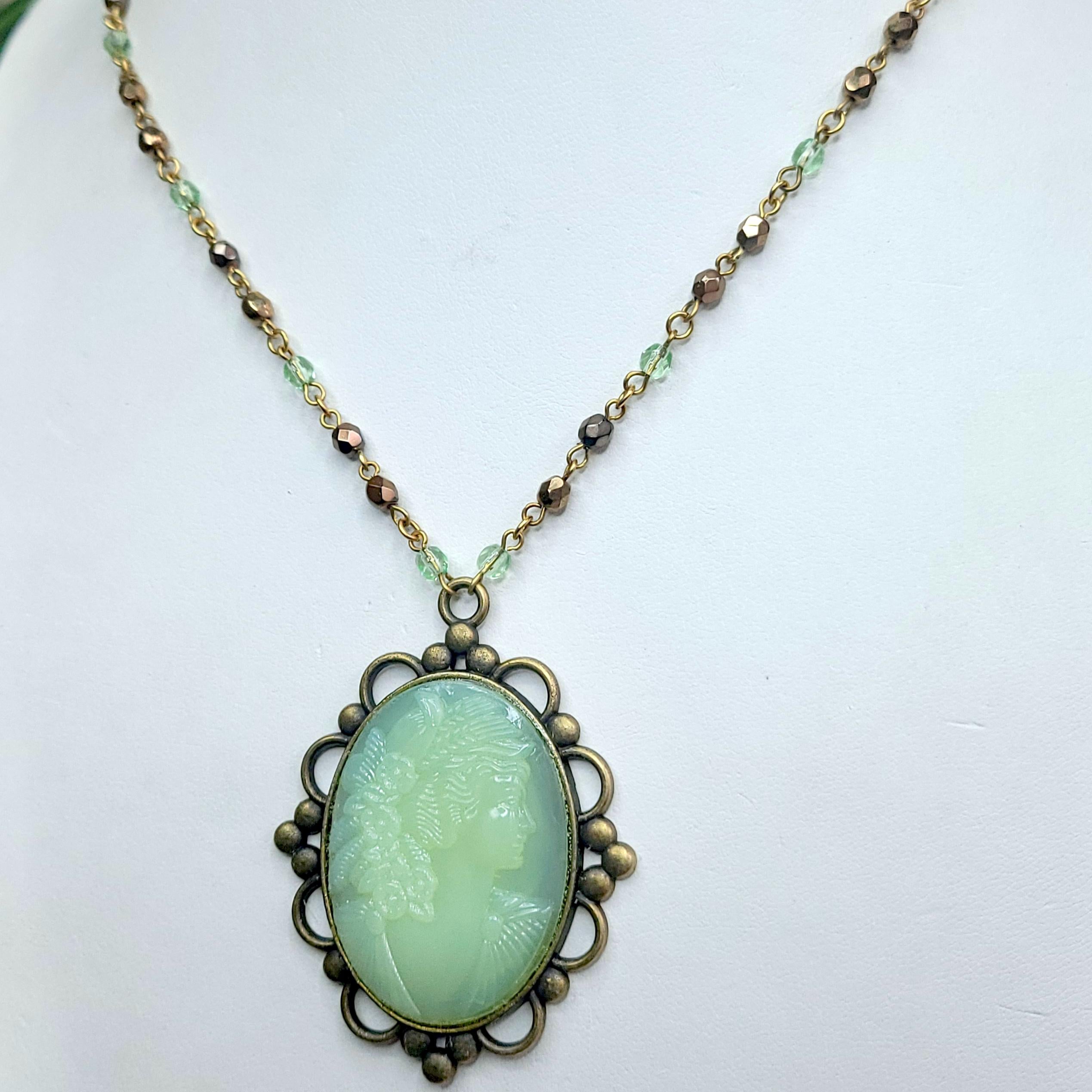 Uranium Glass Cameo Pendant 22” Vaseline Glass Czech Vintage Beads