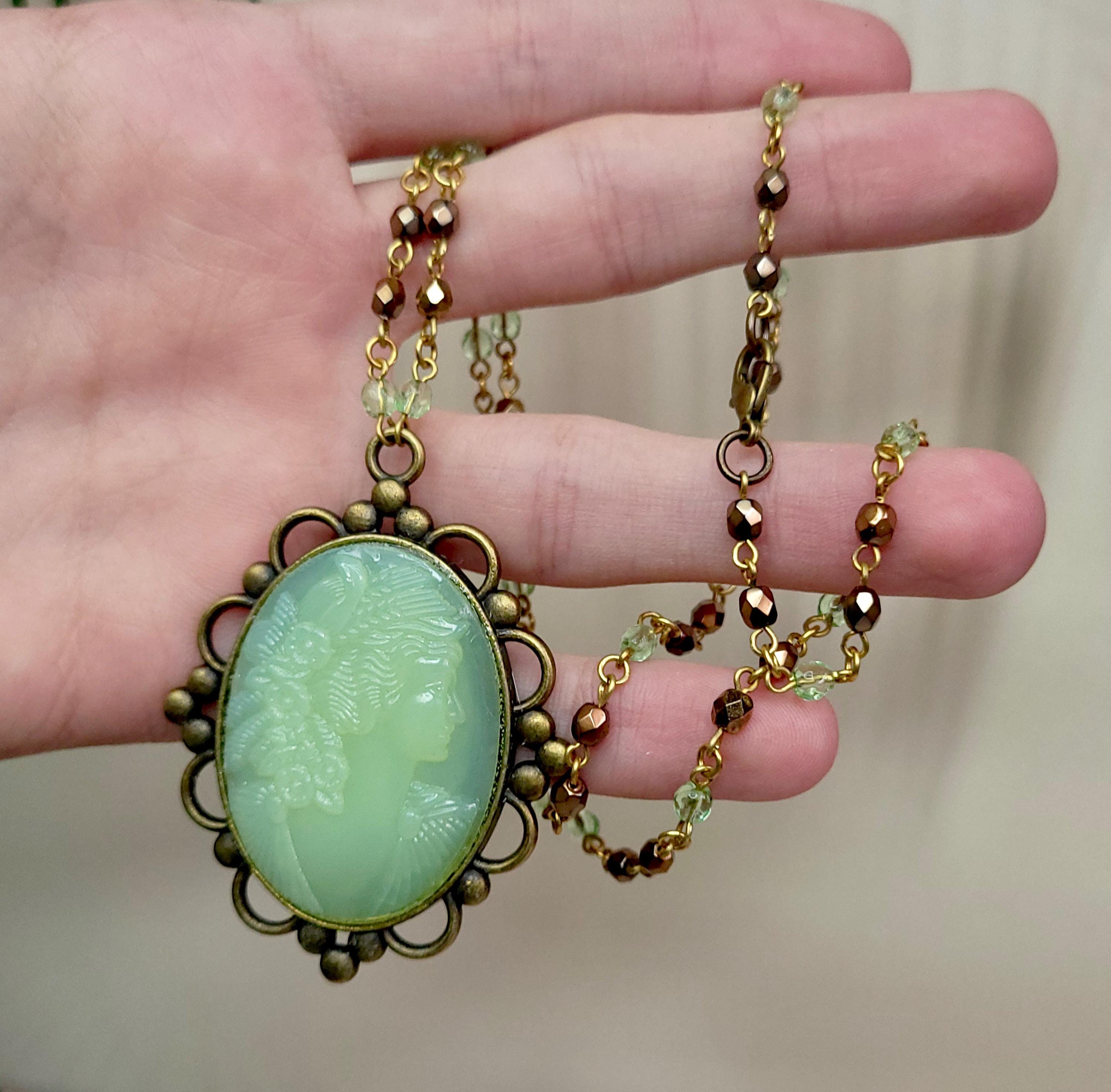 Uranium Glass Cameo Pendant 22” Vaseline Glass Czech Vintage Beads