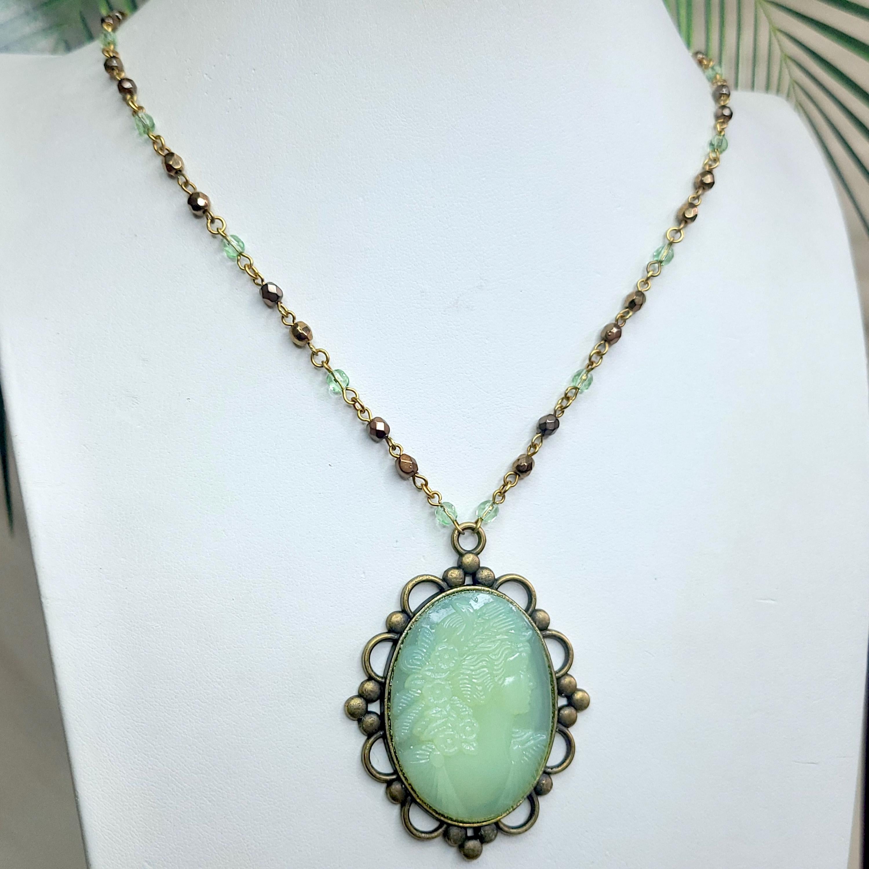 Uranium Glass Cameo Pendant 22” Vaseline Glass Czech Vintage Beads