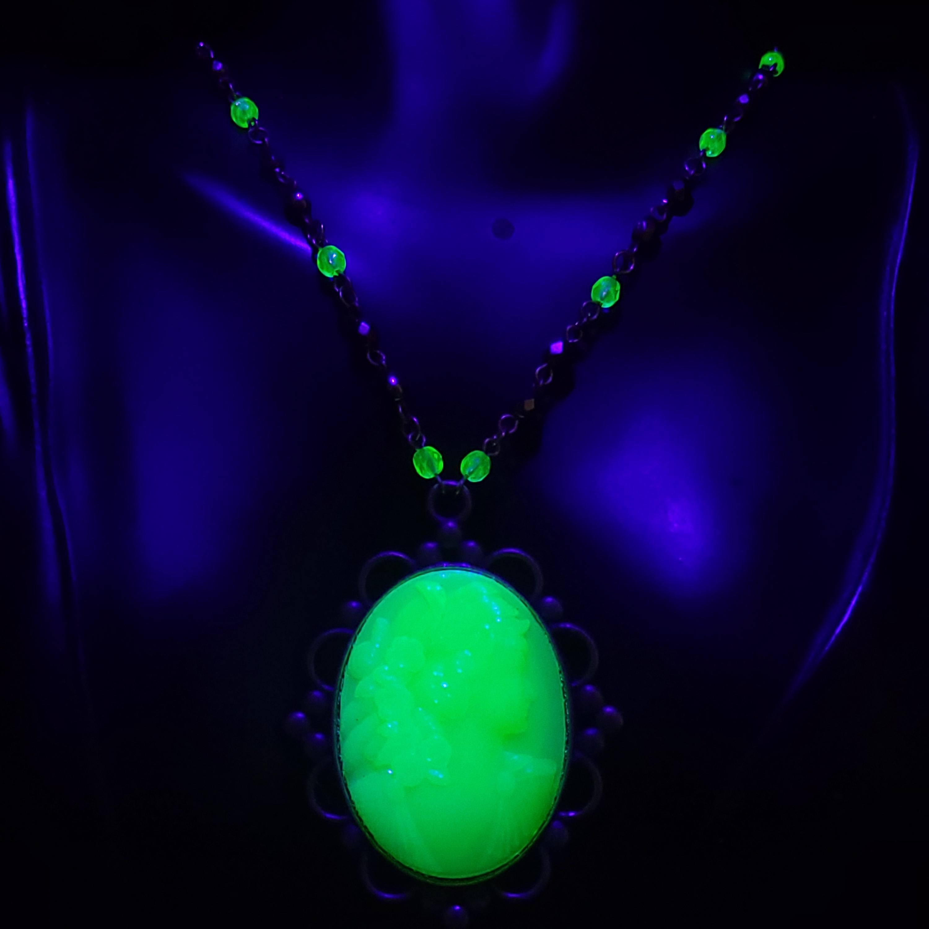 Uranium Glass Cameo Pendant 22” Vaseline Glass Czech Vintage Beads